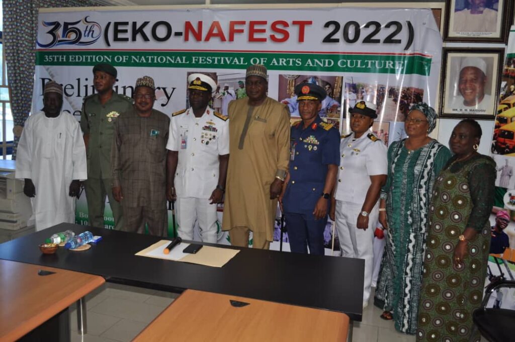 The Director General, National Council for Arts and Culture, Otunba Segun Runsewe, the Management Staff of NCAC and Members of Defence  Civil Military Relations in a group photograph during the courtesy visit to NCAC headquarters in Abuja