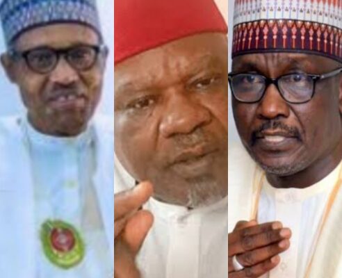 President Muhammadu Buhari and Chief Willy Ezugwu with Mallam Mele Kyari GCEO of NNPC Limited