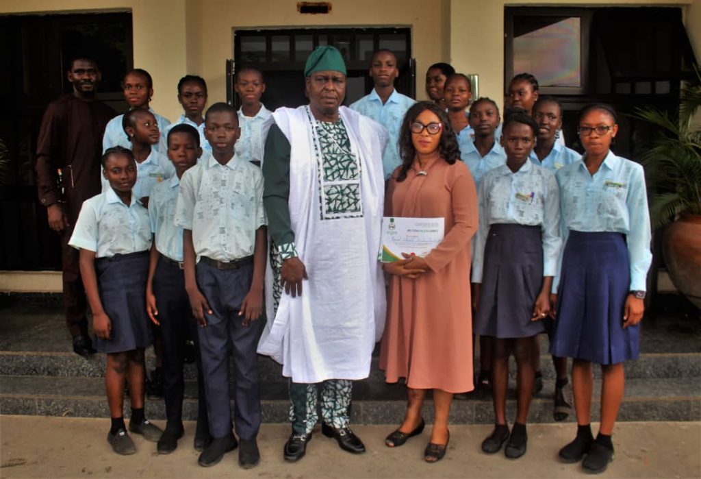 The Director General National Council for Arts and Culture, Otunba Segun Runsewe in a group Photograph with Teacher and Students of Kevad International Academy, Kuruduma, Abuja.