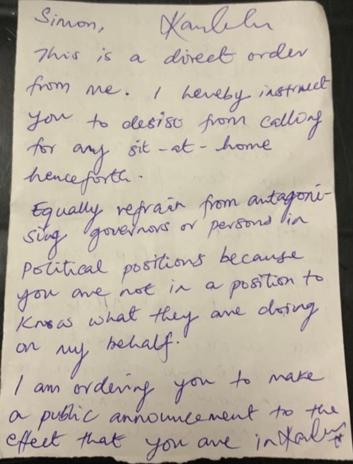 Mazi Nnamdi Kanu handwritten note