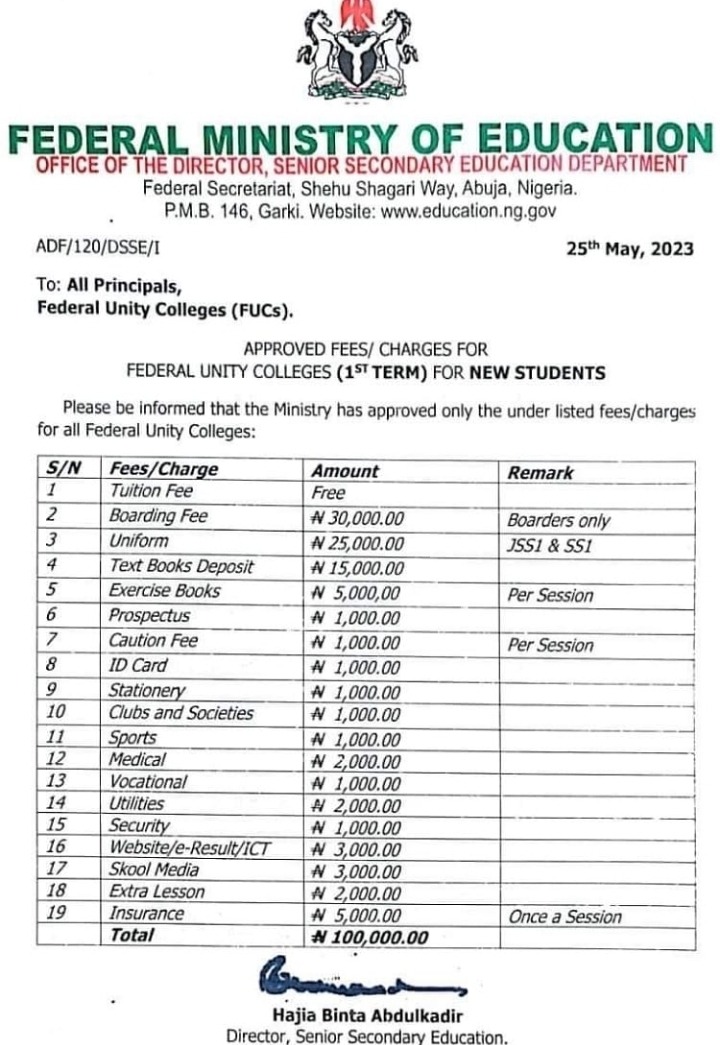 New Fees for Federal Government Colleges known as Unity Schools