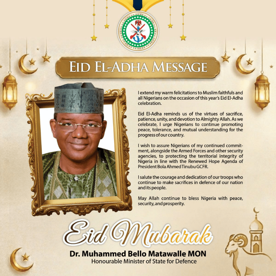 The Minister of State for Defence, Mohammed Bello Matawalle, has urged Nigerians to embrace unity, tolerance, and peaceful coexistence as Muslims across the country celebrate the Eid-El-Adha festival.