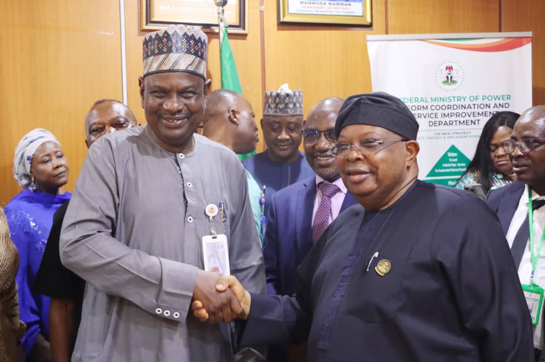 Newly appointed Minister of Power, Chief Joseph Olasunkanmi Tegbe, and officials of the Transmission Company of Nigeria (TCN)