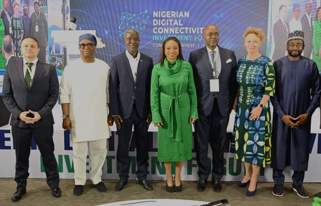L -R: Mr. Tristan Muhader, Vice President Middle East and Africa OOKLA; Dr. Vincent Olatunji, National Commissioner and CEO, Nigeria Data Protection Commission, NDPC; Dr. Aminu Maida, Executive Vice Chairman/Chief Executive Officer, Nigerian Communications Commission, NCC; Dr. Jumoke Oduwole, Hon. Minister of Industry, Trade and Investments; Mr. Bolaji Bologun, CEO Chapel Hill Denham; Ambassador Anna Westerholm, Swedish Ambassador to Nigeria; Mr. Kashifu Inuwa Abdullahi, Director General, National Information Technology Development Agency, NITDA during the Nigerian Digital Connectivity Investment Forum, September 29, 2026, at Onomo Allure Hotel Central Area Abuja