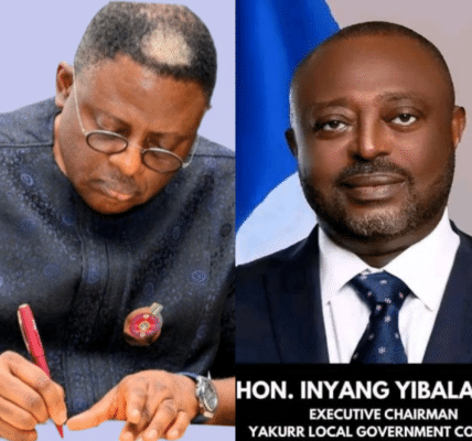 Governor Senator Prince Bassey Edet Otu and Chairman of the Association of Local Governments of Nigeria, ALGON, Cross River State Chapter and Chairman of Yakurr Local Government Area, Hon. Yibala Igri Inyang,