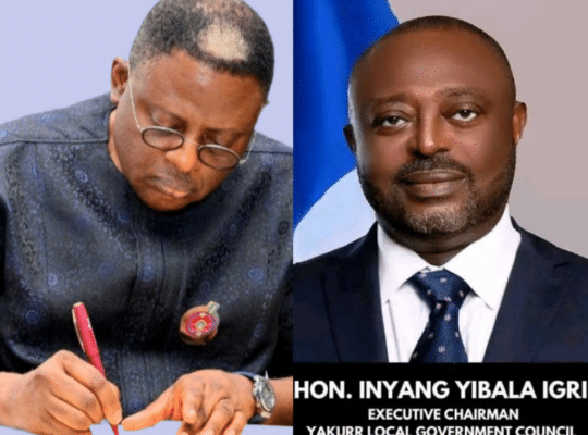 Governor Senator Prince Bassey Edet Otu and Chairman of the Association of Local Governments of Nigeria, ALGON, Cross River State Chapter and Chairman of Yakurr Local Government Area, Hon. Yibala Igri Inyang,