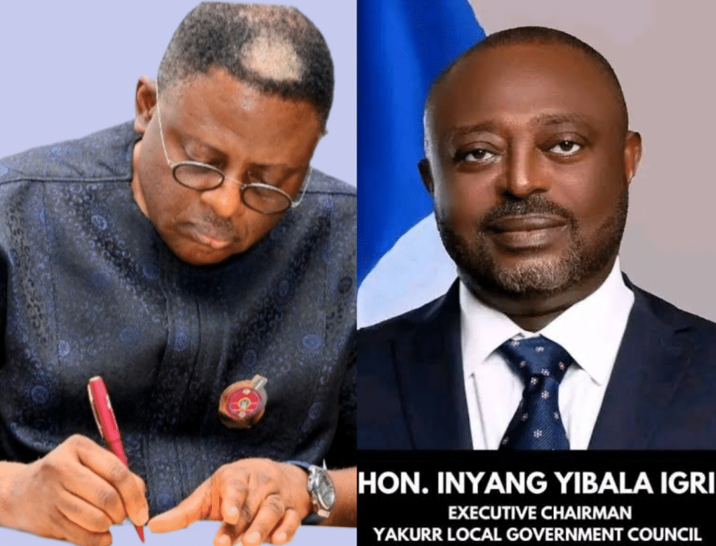 Governor Senator Prince Bassey Edet Otu and Chairman of the Association of Local Governments of Nigeria, ALGON, Cross River State Chapter and Chairman of Yakurr Local Government Area, Hon. Yibala Igri Inyang,